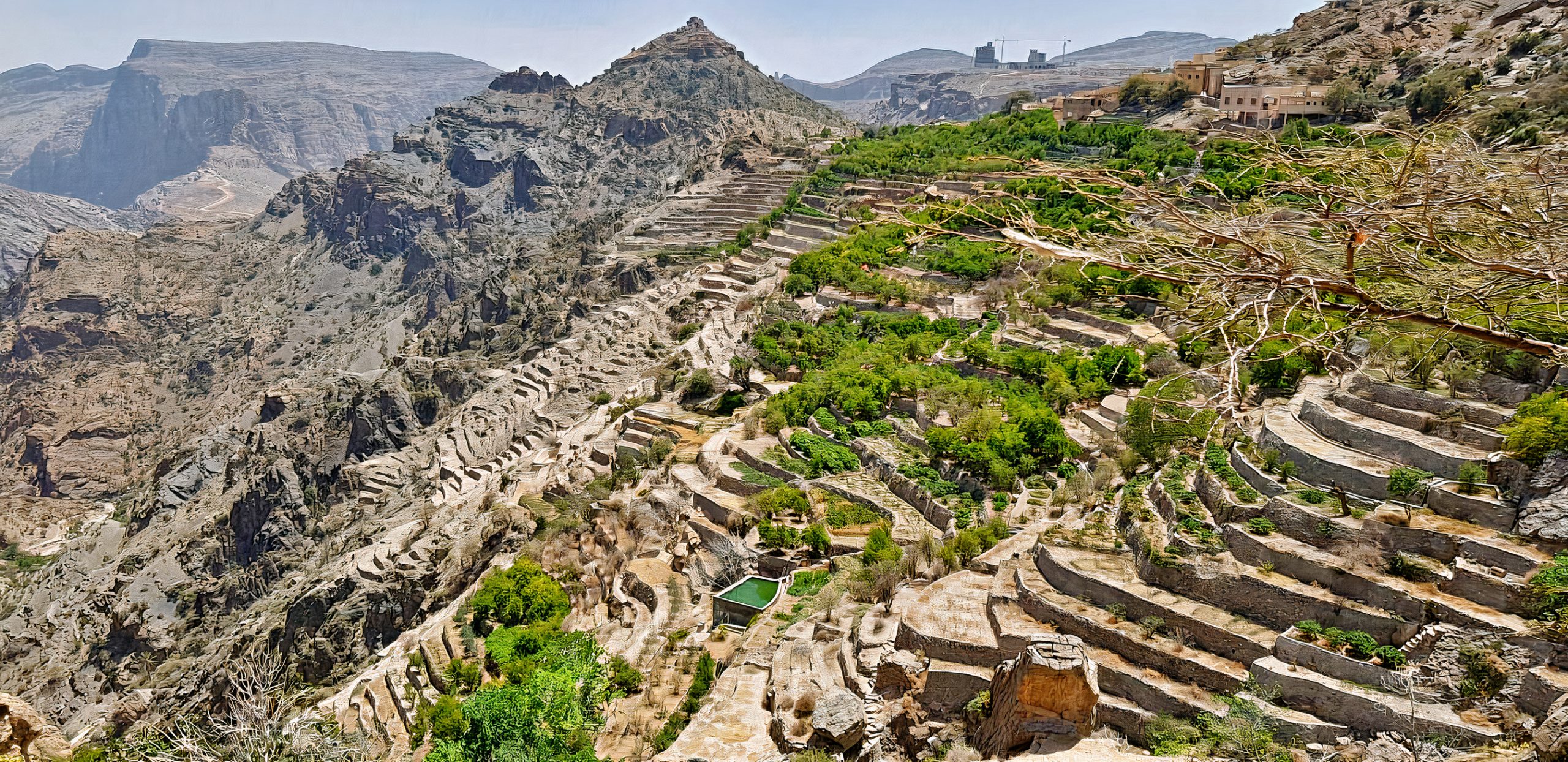 Stunning view of Jebel Akhdar, known as Oman's Green Mountain, displaying its verdant slopes adorned with fruit plantations and vibrant rose gardens. The interplay of light and shadow creates a captivating scene, showcasing the serene ambiance and natural beauty of Jebel Akhdar.
